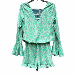 Judith March Turquoise Floral Bell Sleeve Romper S